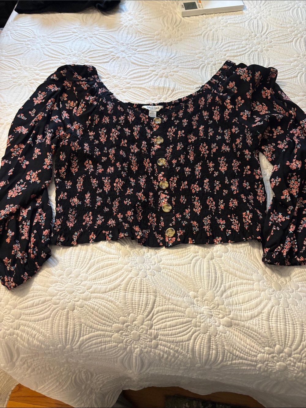 Arizona Jean Company Black Crop Top with Pink Floral Print